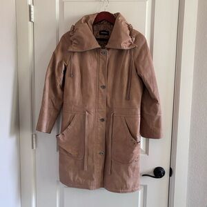 Danier quilted camel brown leather trench coat size 12 EUC